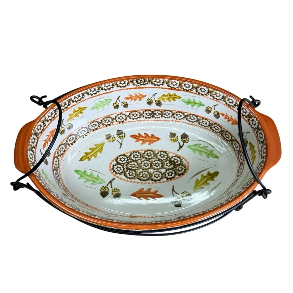 Temptations Old World Orange Acorn & Leaves 2.5qt W/ Handled Metal Carrying Rack